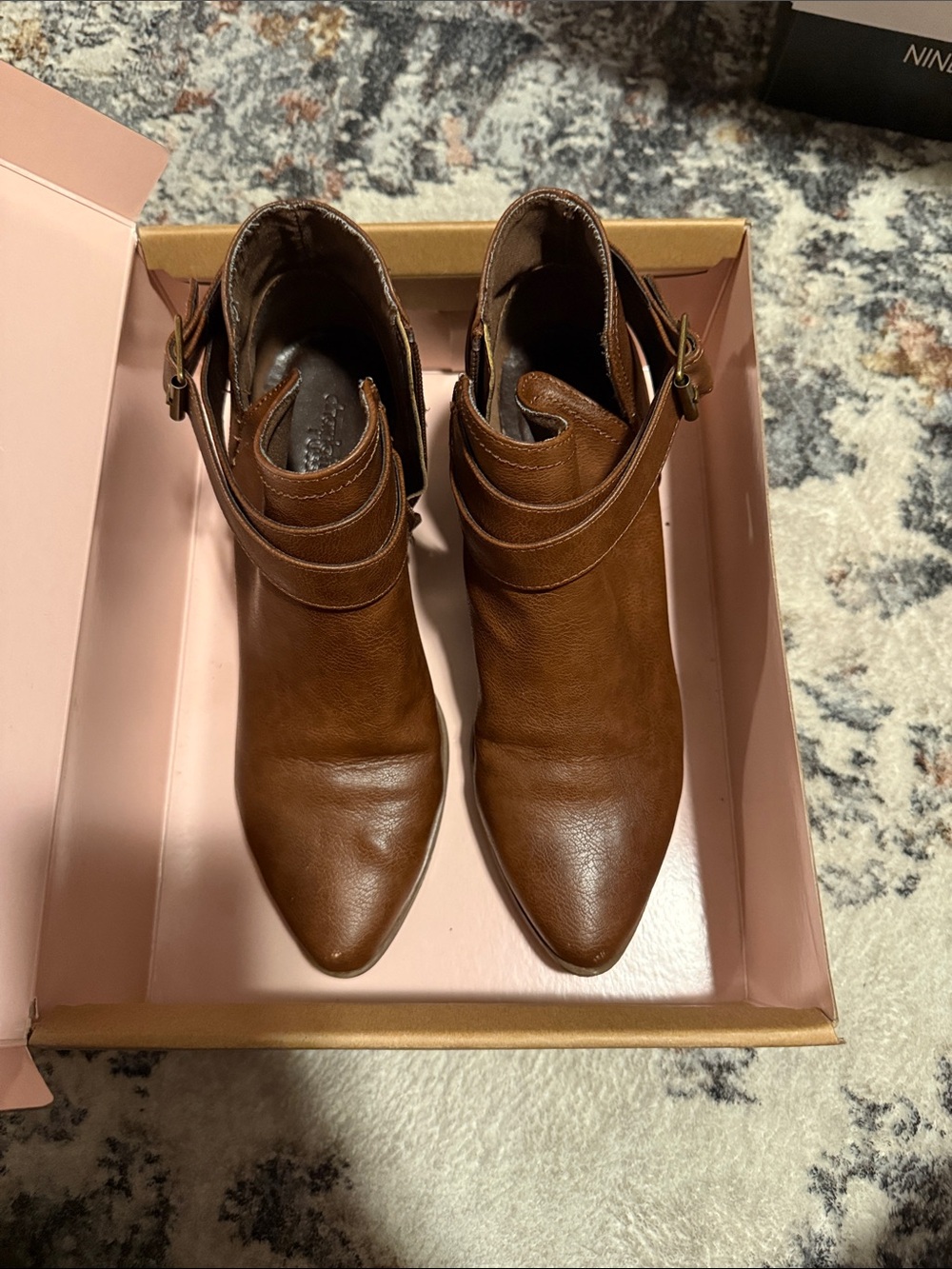Charlotte Russe Cognac Pointed Toe Ankle Booties with Wrap Strap